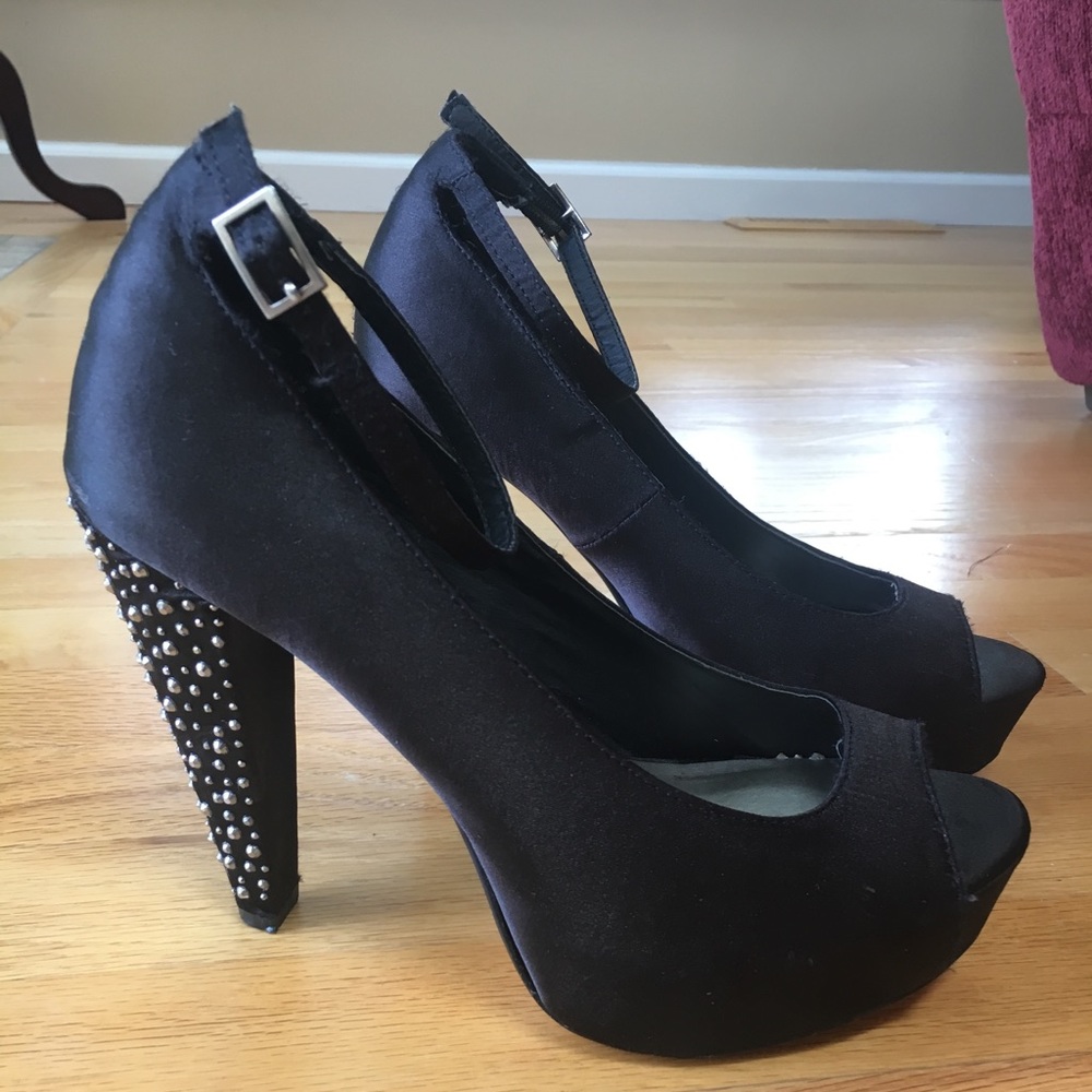 Black Satin Rhinestone Heels